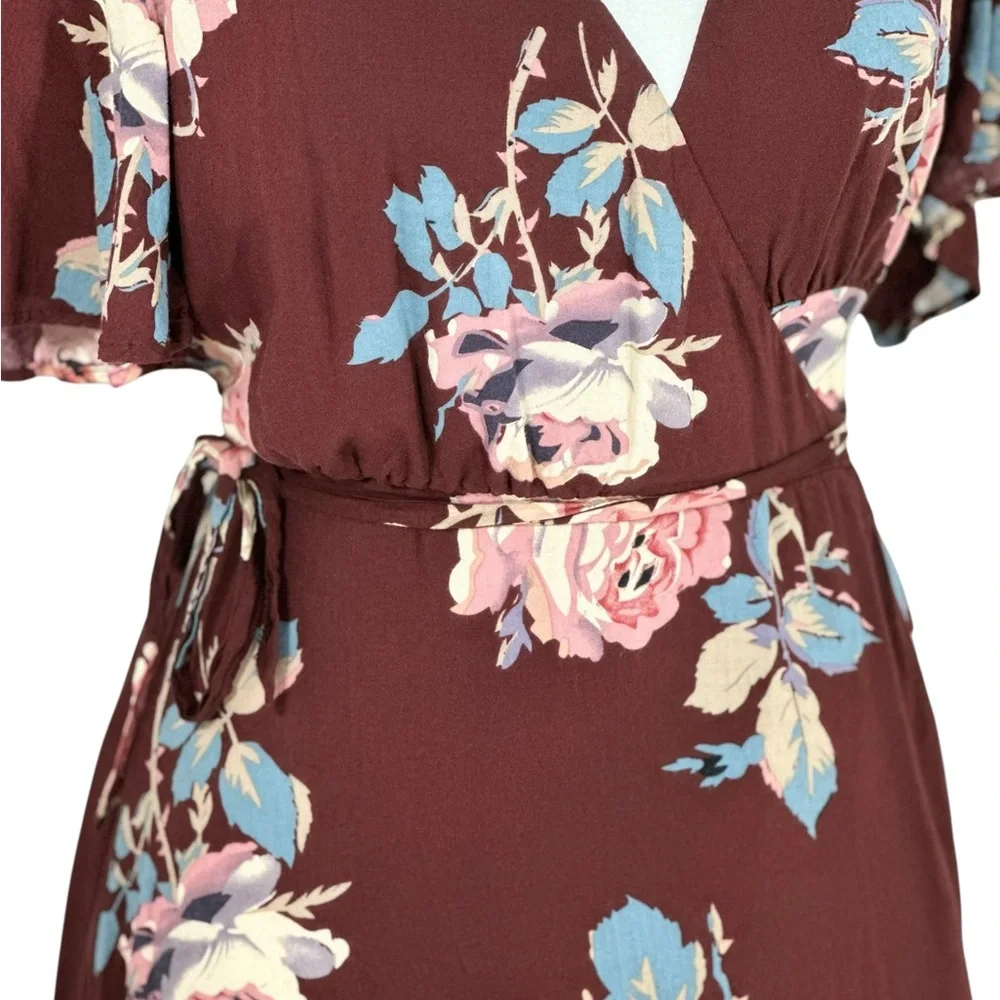 Show Me‎ Your MuMu Burgundy Floral Mini Wrap Dress Short Sleeve V-Neck  Size S - Picture 5 of 8